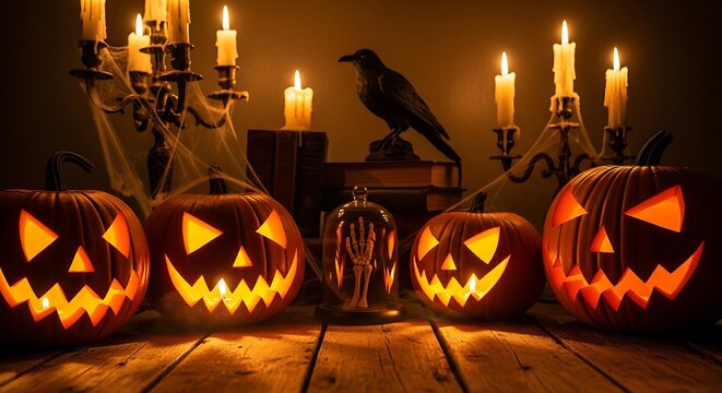 Glowing Jack O Lantern Pumpkins Arranged with Candles and Raven on Rustic Wooden Table