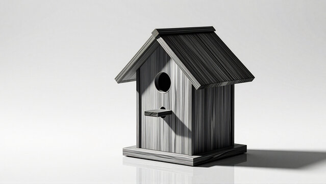 A beautifully crafted wooden birdhouse sits in a stark studio setting, casting a long shadow