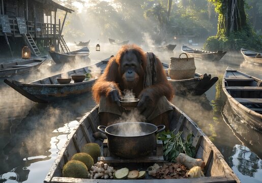 Orangutan cooking in a boat on a misty river