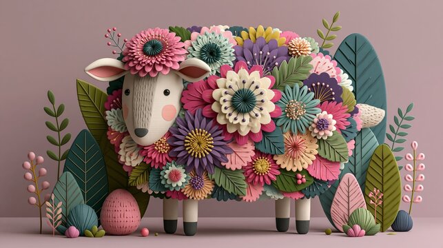 Cute sheep character decorated with vibrant paper flowers in this charming and whimsical artistic studio photograph