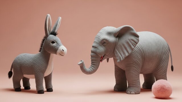 Whimsical tableau featuring plush donkey and elephant toys against a light brown background