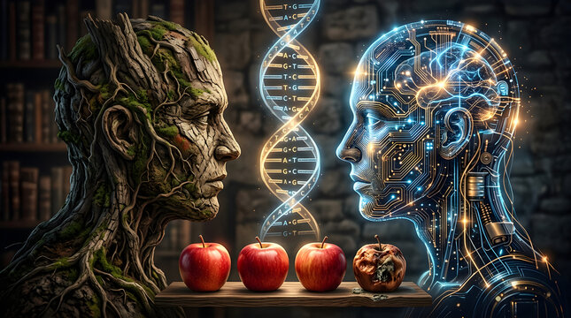 Duality of Nature and Technology with Organic and Cybernetic Figures, Glowing DNA, and Apples