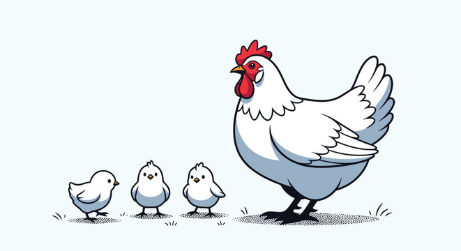 Charming farm animal illustration featuring a large white hen followed by three small and fuzzy chicks on a simple grassy background.