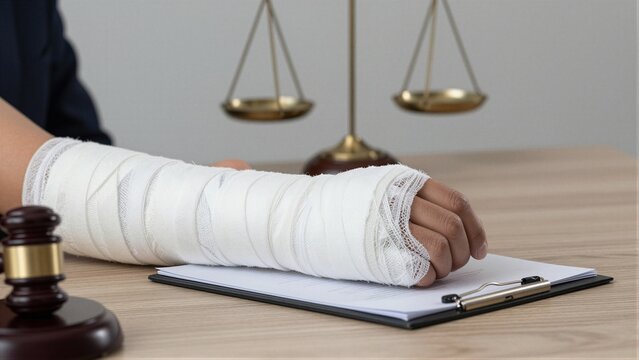A bandaged arm rests on a clipboard next to a judge's gavel and scales of justice, symbolizing a medical malpractice lawsuit.