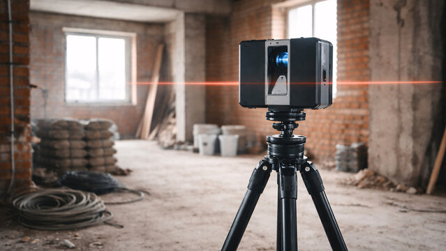 Professional 3D laser scanner on a tripod measuring an indoor construction site.