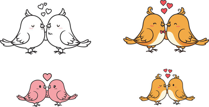 Cute romantic love birds illustration, adorable cartoon couple birds with hearts, valentine&rsquo;s day romance concept, colorful affectionate bird pair artwork