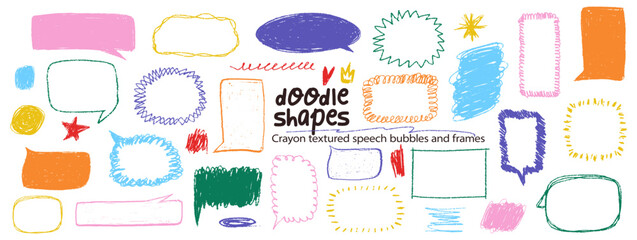 Messy whimsical frames and speech bubbles set. Hand drawn with colorful crayons scribble shapes. Funky irregular doodle borders. Expressive elements for scrapbooking vector illustration isolated © EgorTopor