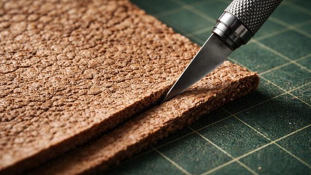 Macro close-up of a craft knife cutting a sheet of natural cork on a green cutting mat.