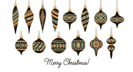 Naklejka premium Holiday card design featuring an assortment of vintage Christmas ornaments with intricate patterns and a festive merry christmas greeting.