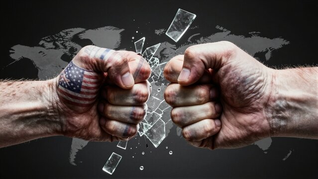 Two clenched fists with national flags collide, shattering a glass globe against a dark background with a faint world map.