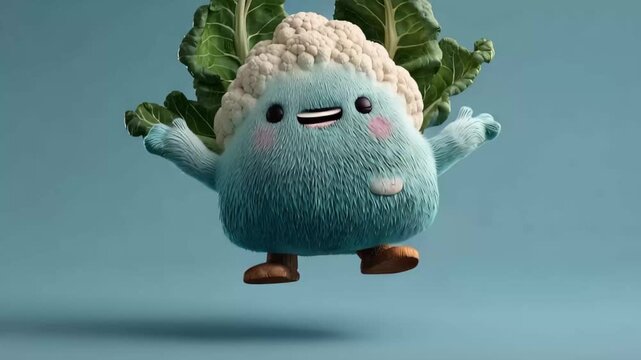Cute cartoon character that looks like a friendly cauliflower with big leafy greens and a smiling face in a light blue background