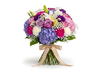 Fototapeta premium Vibrant bouquet of mixed flowers with a decorative ribbon