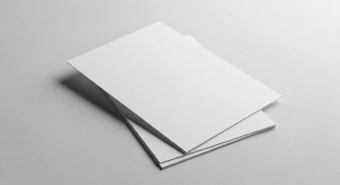 Blank white paper sheets stacked on a gray surface with overhead lighting