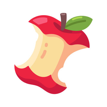 Vibrant graphic illustration of a red apple core, half eaten, showing crisp fruit flesh, stem, and leaf, symbolizing healthy snack or diet.