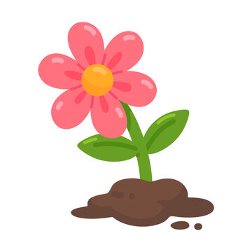A vibrant cartoon pink flower with a yellow center blooms happily in brown soil, symbolizing new life.