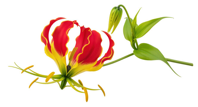 Fiery gloriosa superba flamelily inflorescence enhancing exotic tropical resort hospitality decoration layout or unique botanical garden wallpaper textile pattern wholesale distribution channel
