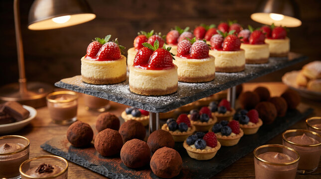 Elegant display of individual strawberry topped cheesecakes and assorted mini desserts with fresh berries and chocolate. Perfect for premium catering and celebrations.