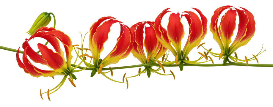 Gloriosa lily cutout for flame flower wedding garlands and Indian festival artwork, red yellow recurved petals on a climbing stem help build puja cards, textile motifs and exotic garden prints