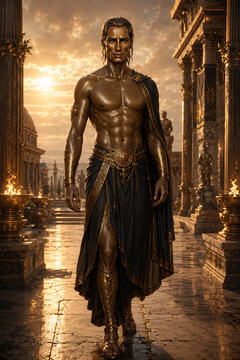 muscular fantasy warrior standing in golden ancient city rain
