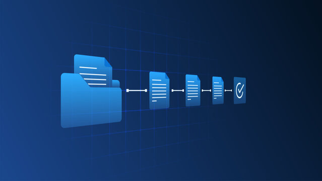Digital document processing workflow with file management, data validation and approval automation.