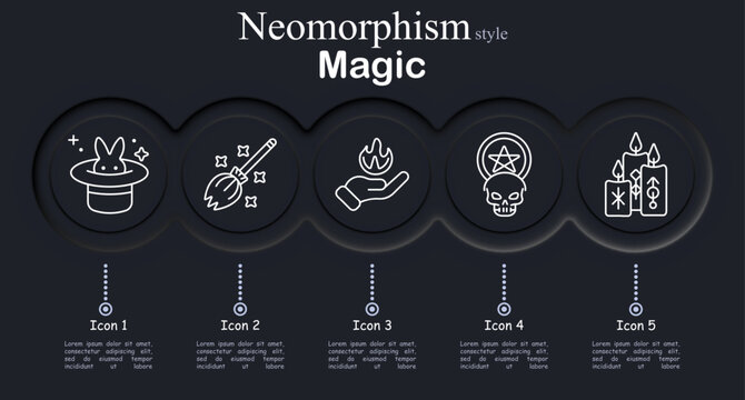 Magic set icon. Magician hat rabbit trick, witch broom flight, mystical flame spell, occult skull pentagram, ritual candles symbols, sorcery illusion, fantasy mysticism.