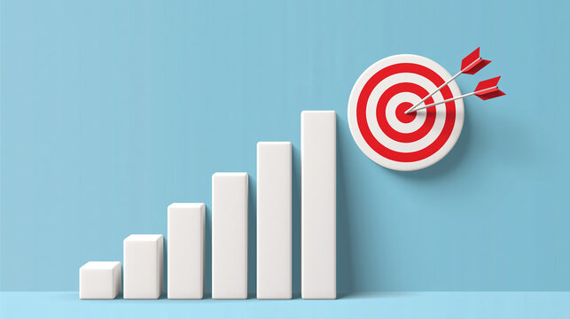 Business growth success target arrow goal achievement concept, white bar chart step on blue background, minimal finance idea