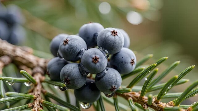Closeup of Juniper Berries on a Pine Tree Branch with Water Droplets.