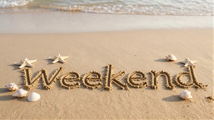 Fototapeta premium The word 'weekend' is written in the sand with seashells and starfish around, near ocean waves.