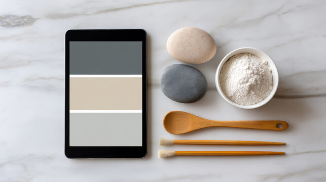 Minimal workspace mockup with tablet, natural stones, wooden spoon, brushes, and bowl of powder on marble surface creating calm mood