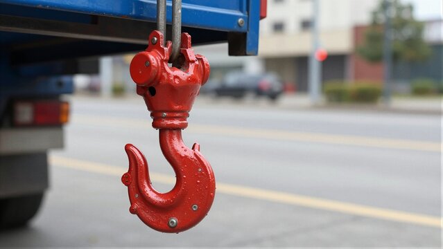 A red heavy-duty towing hook attached to a blue truck, with an urban street in the soft focus background.