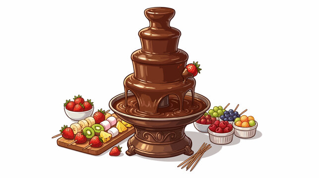 Chocolate fountain flowing smoothly with fruits, detailed liquid motion, cartoon semi-realistic illustration, on a white background