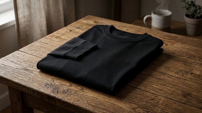 Folded black t shirt on wooden table with coffee cup