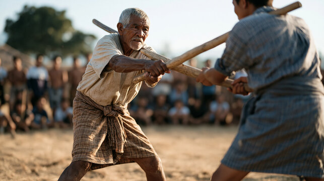 Community elders demonstrating traditional stick fighting techniques to youth athletes in a dry summer field, handmade equipment, focused footwork, cultural game revival event organized as part of a