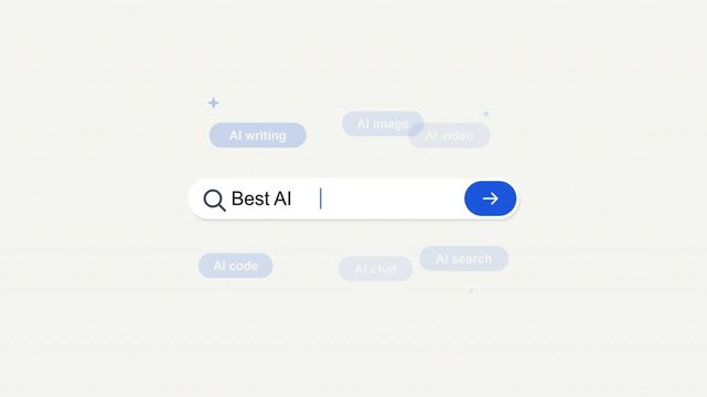 A futuristic search bar interface with a magnifying glass and blue button appears on a light gray background with blurred text and icons.