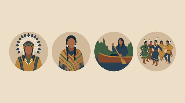 Illustrations of indigenous people and activities.