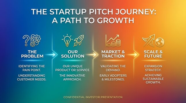 Infographic illustrating the startup pitch journey from problem identification to growth scaling.
