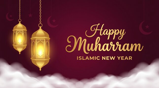 Islamic new year elegant muharram greeting with golden lanterns and calligraphy