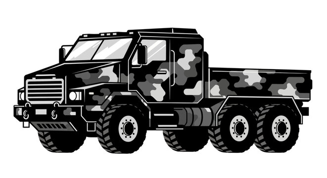 Military truck with camouflage pattern side view black and white silhouette