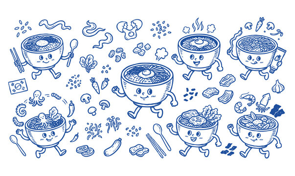 Vintage Korean Bibimbap Rice Bowl Mascot and Traditional Mixed Rice Cooking Ingredients Doodle Set