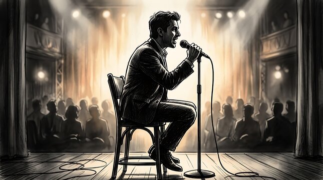 Man Performing Stand Up Comedy on Stage Illustration