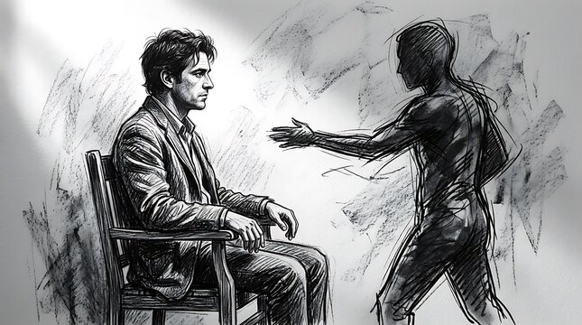 Dramatic Sketch of Man Confronting His Darker Shadow Self