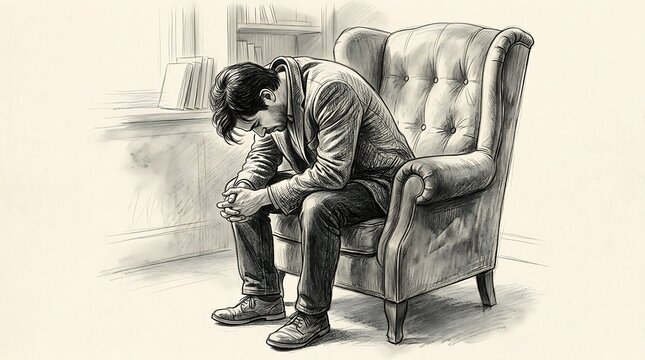 Pencil Drawing of a Depressed Man Sitting Alone in an Armchair