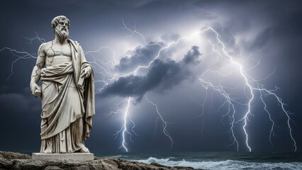 Obraz premium Ancient Statue in the Face of a Tempestuous Storm Overlooking the Sea Coastline