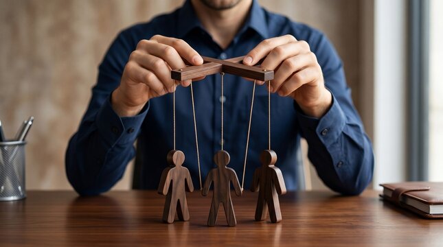 Man controlling wooden puppets on strings in office setting with desk and window