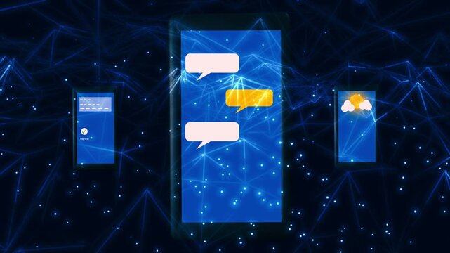 Mobile phones display apps on plexus background
