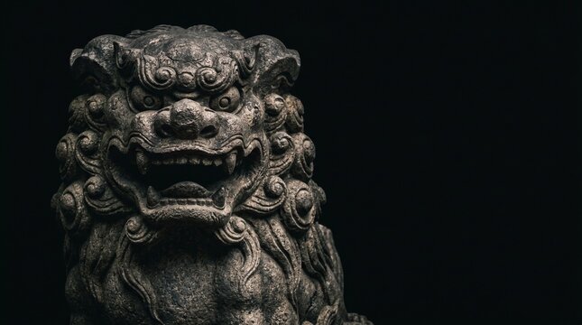 漆黒の背景に浮かび上がる、沖縄の伝統的な守り神「シーサー」。石像の圧倒的な質感と威厳に満ちた陰影が醸し出す、魔除けと緊張感漂う阿形のクローズアップ写真