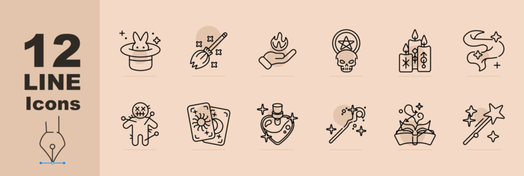 Magic fantasy set icon. Line icons with hat rabbit, broom, hand flame, skull symbol, candles, magic swirl, voodoo doll, tarot cards, potion bottle, wand star, open gift box, fairy wand