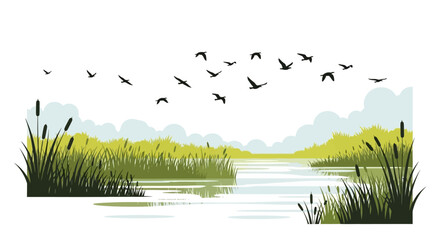 marshland landscape with flying birds and cattails vector illustration silhouette © Sakib