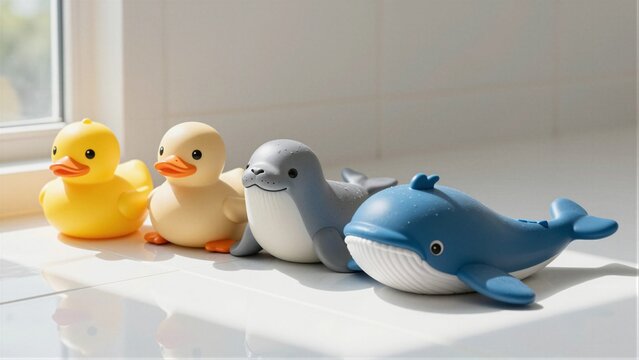 Four bath toys including two ducks and two sea animals arranged on a white tiled bathroom surface with soft focus background.