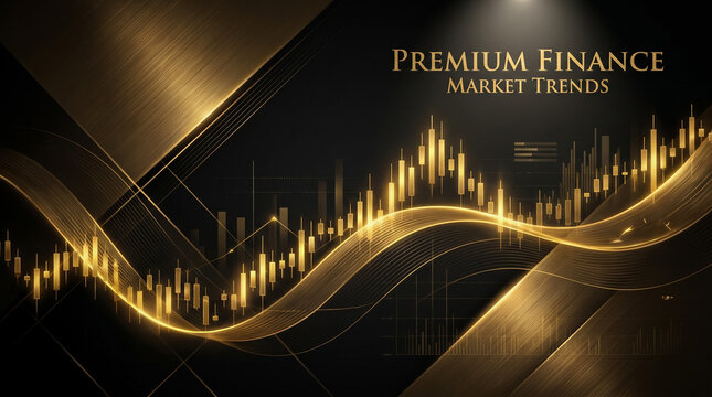Premium golden financial market trend background with abstract trading waves and stock charts